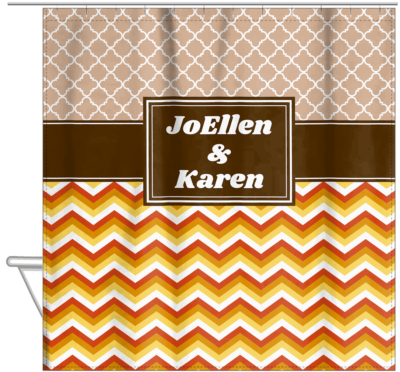 Personalized Quatrefoil and Chevron IV Shower Curtain - Brown and Orange - Rectangle Nameplate - Hanging View