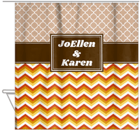 Thumbnail for Personalized Quatrefoil and Chevron IV Shower Curtain - Brown and Orange - Rectangle Nameplate - Hanging View