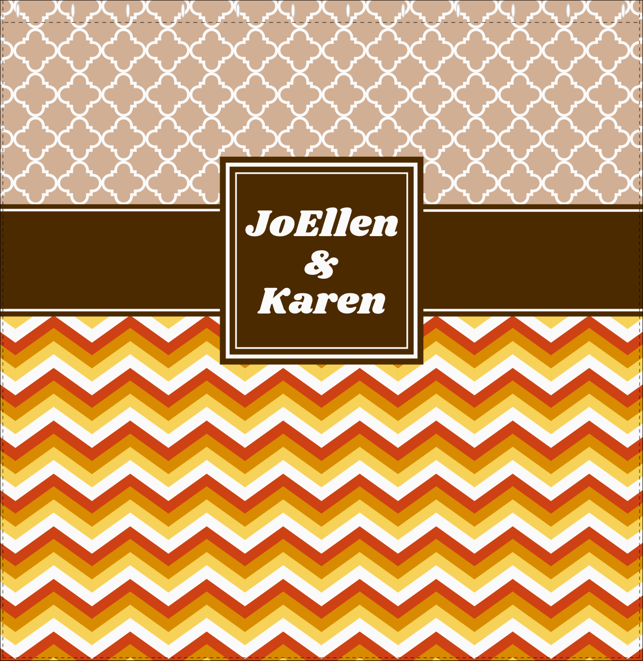 Personalized Quatrefoil and Chevron IV Shower Curtain - Brown and Orange - Square Nameplate - Decorate View
