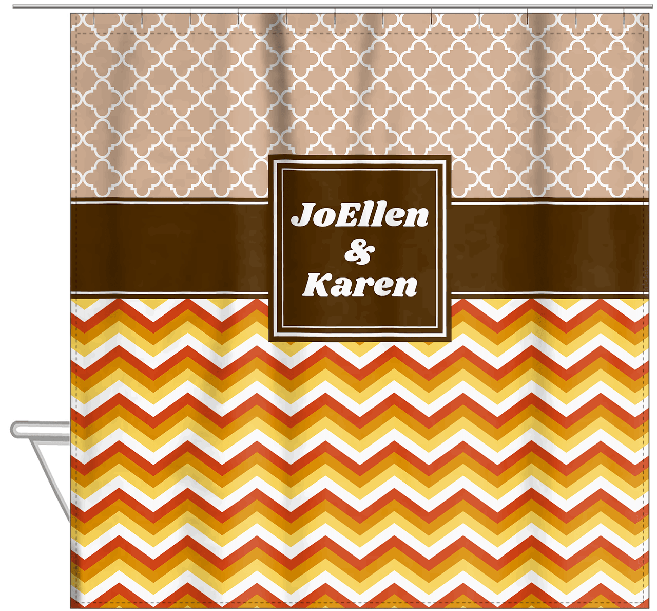 Personalized Quatrefoil and Chevron IV Shower Curtain - Brown and Orange - Square Nameplate - Hanging View