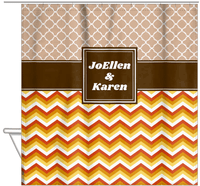 Thumbnail for Personalized Quatrefoil and Chevron IV Shower Curtain - Brown and Orange - Square Nameplate - Hanging View