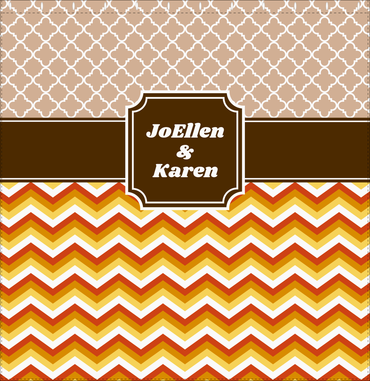 Personalized Quatrefoil and Chevron IV Shower Curtain - Brown and Orange - Stamp Nameplate - Decorate View