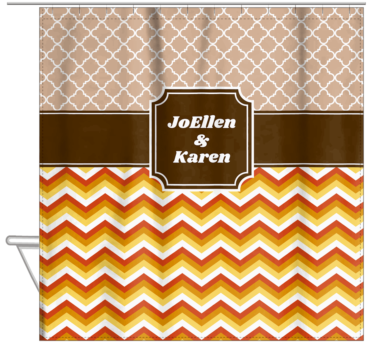 Personalized Quatrefoil and Chevron IV Shower Curtain - Brown and Orange - Stamp Nameplate - Hanging View
