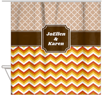 Thumbnail for Personalized Quatrefoil and Chevron IV Shower Curtain - Brown and Orange - Stamp Nameplate - Hanging View