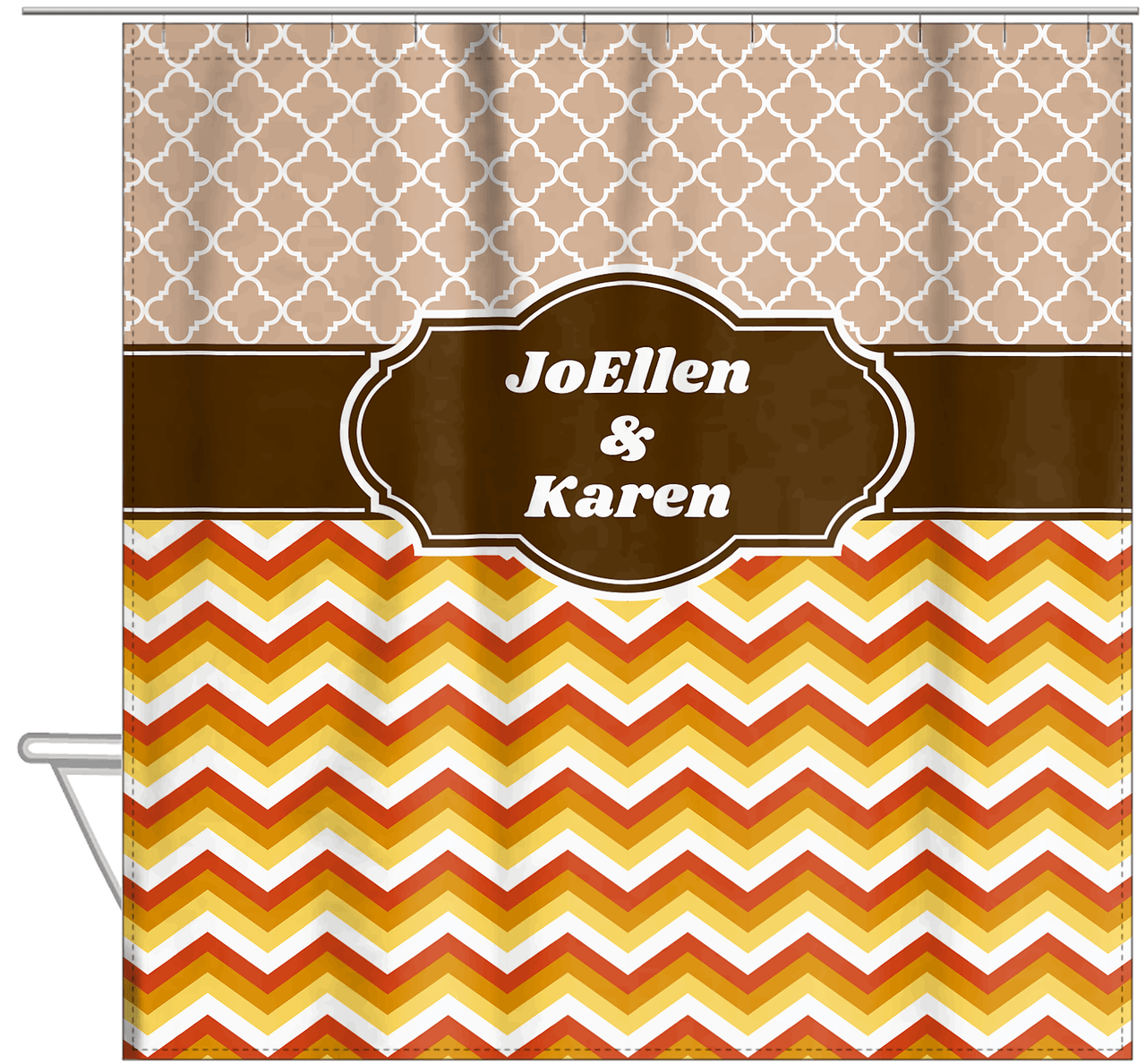 Personalized Quatrefoil and Chevron IV Shower Curtain - Brown and Orange - Fancy Nameplate - Hanging View