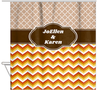 Thumbnail for Personalized Quatrefoil and Chevron IV Shower Curtain - Brown and Orange - Fancy Nameplate - Hanging View