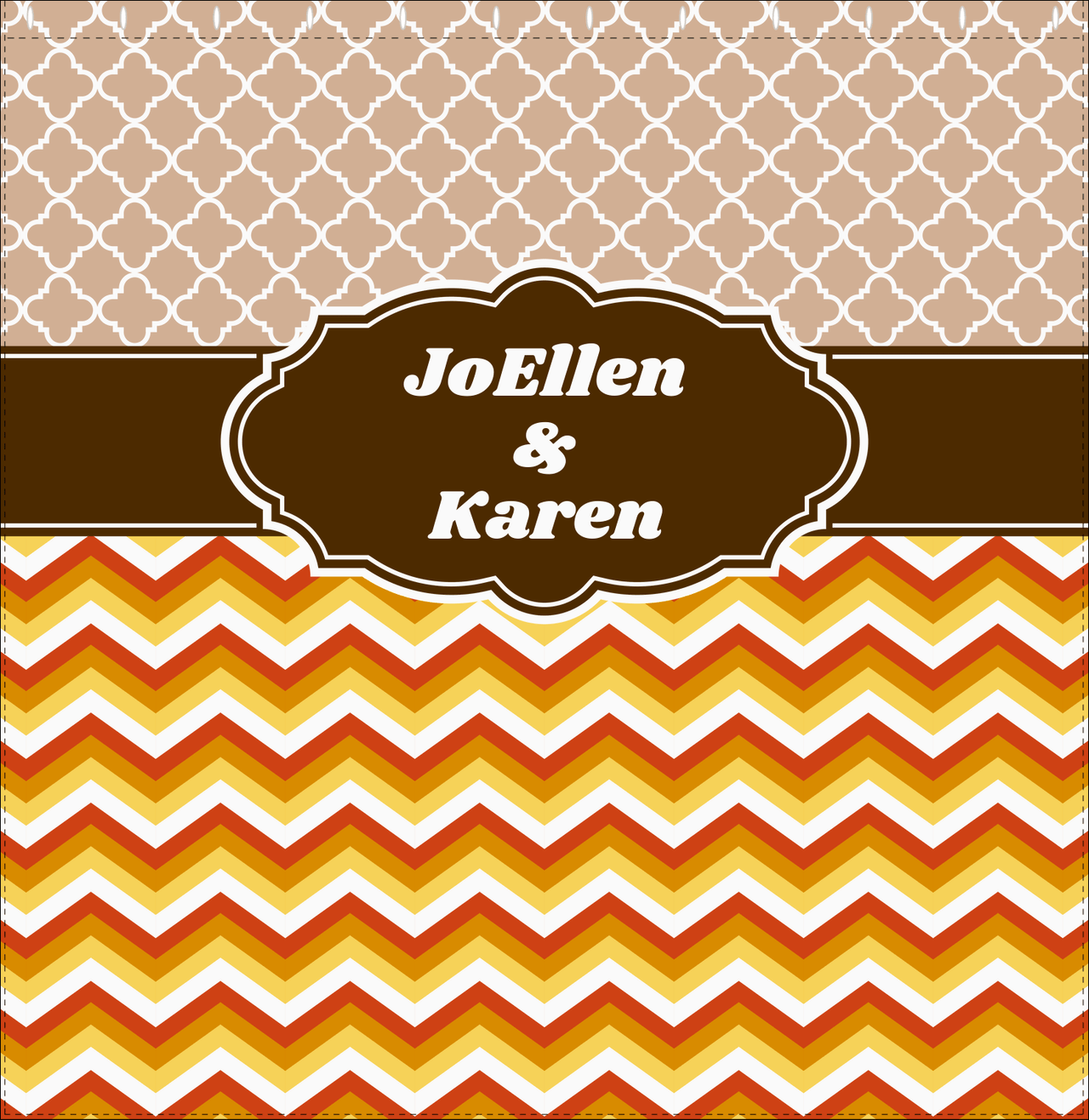 Personalized Quatrefoil and Chevron IV Shower Curtain - Brown and Orange - Fancy Nameplate II - Decorate View