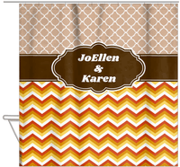 Thumbnail for Personalized Quatrefoil and Chevron IV Shower Curtain - Brown and Orange - Fancy Nameplate II - Hanging View