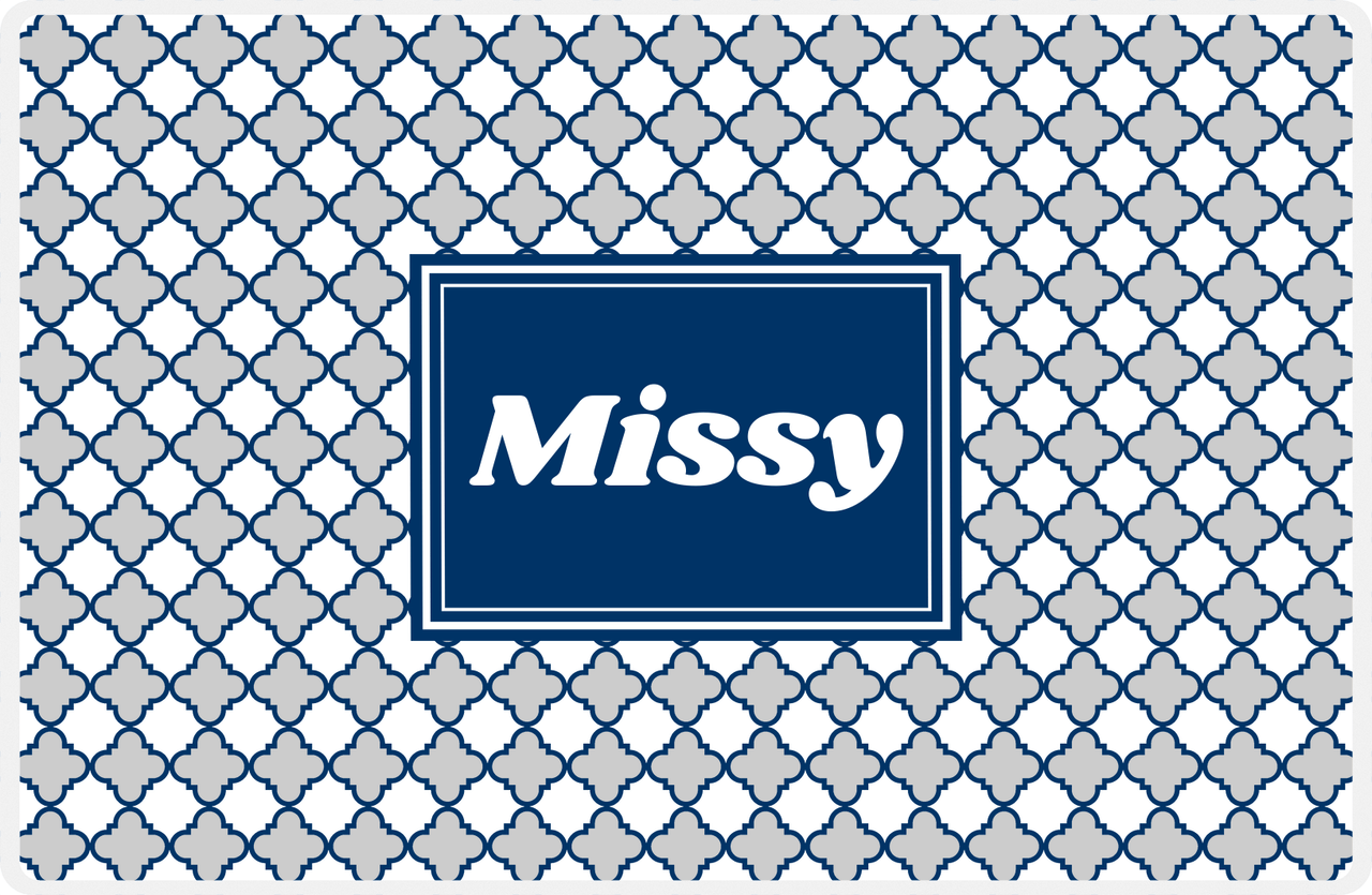 Personalized Quatrefoil Placemat - Light Grey and White - Navy Rectangle Frame -  View