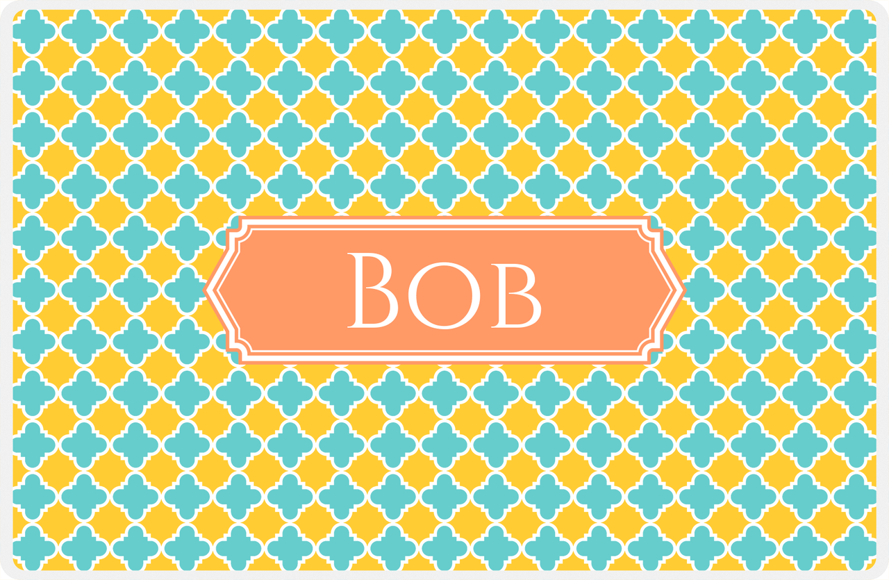 Personalized Quatrefoil Placemat - Viking Blue and Mustard - Tangerine Decorative Rectangle Frame -  View