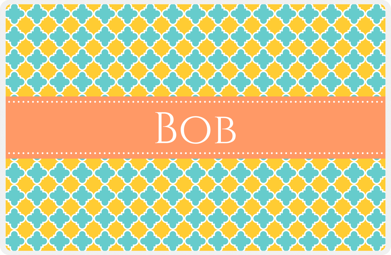 Personalized Quatrefoil Placemat - Viking Blue and Mustard - Tangerine Ribbon Frame -  View