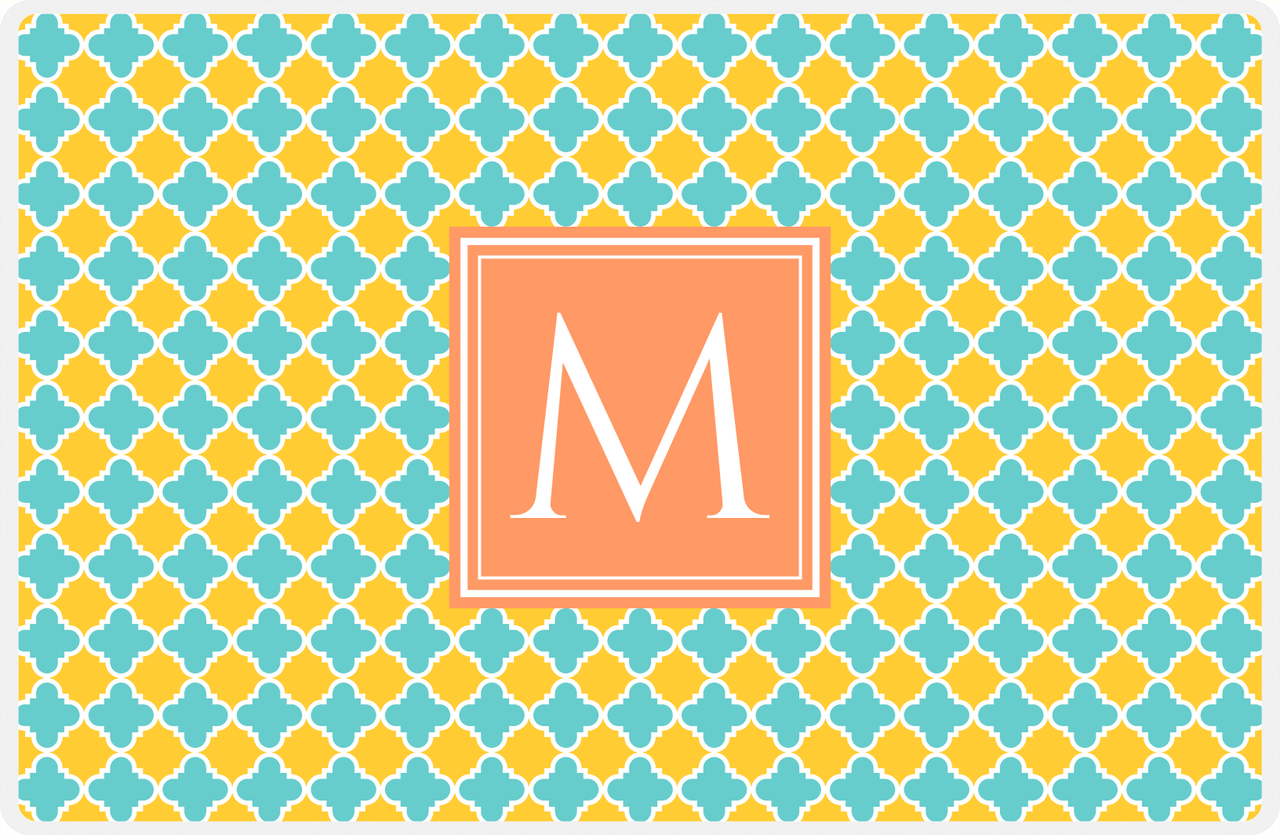 Personalized Quatrefoil Placemat - Viking Blue and Mustard - Tangerine Square Frame -  View