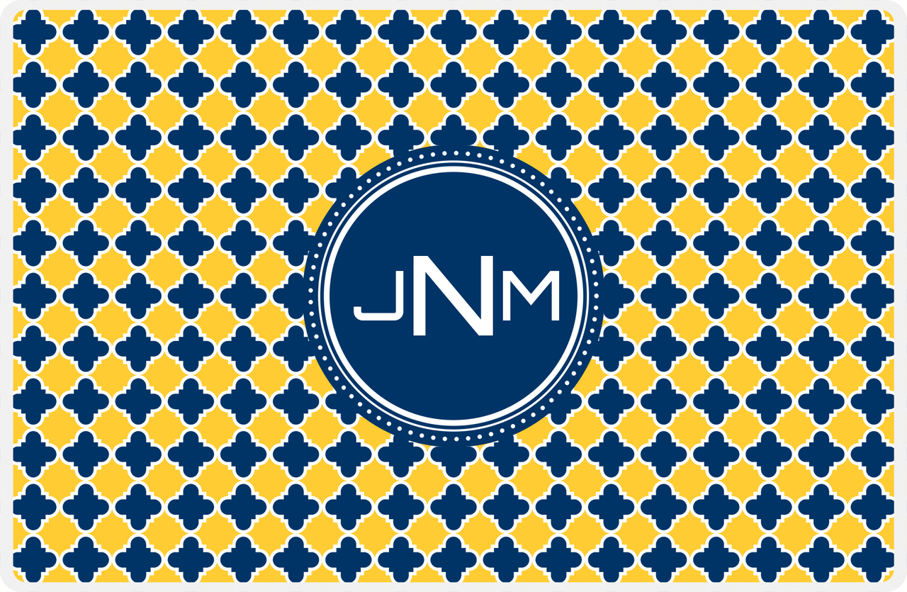 Personalized Quatrefoil Placemat - Navy and Mustard - Navy Circle Frame -  View