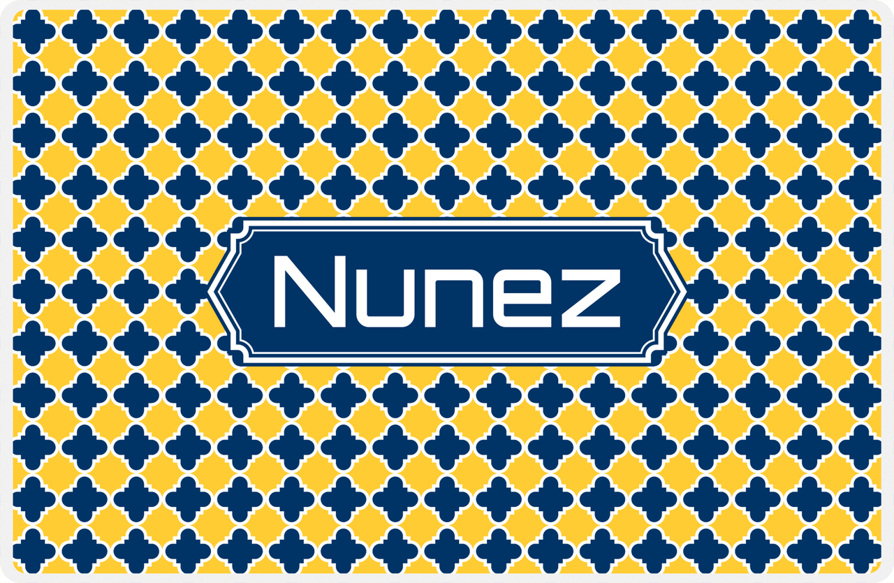 Personalized Quatrefoil Placemat - Navy and Mustard - Navy Decorative Rectangle Frame -  View