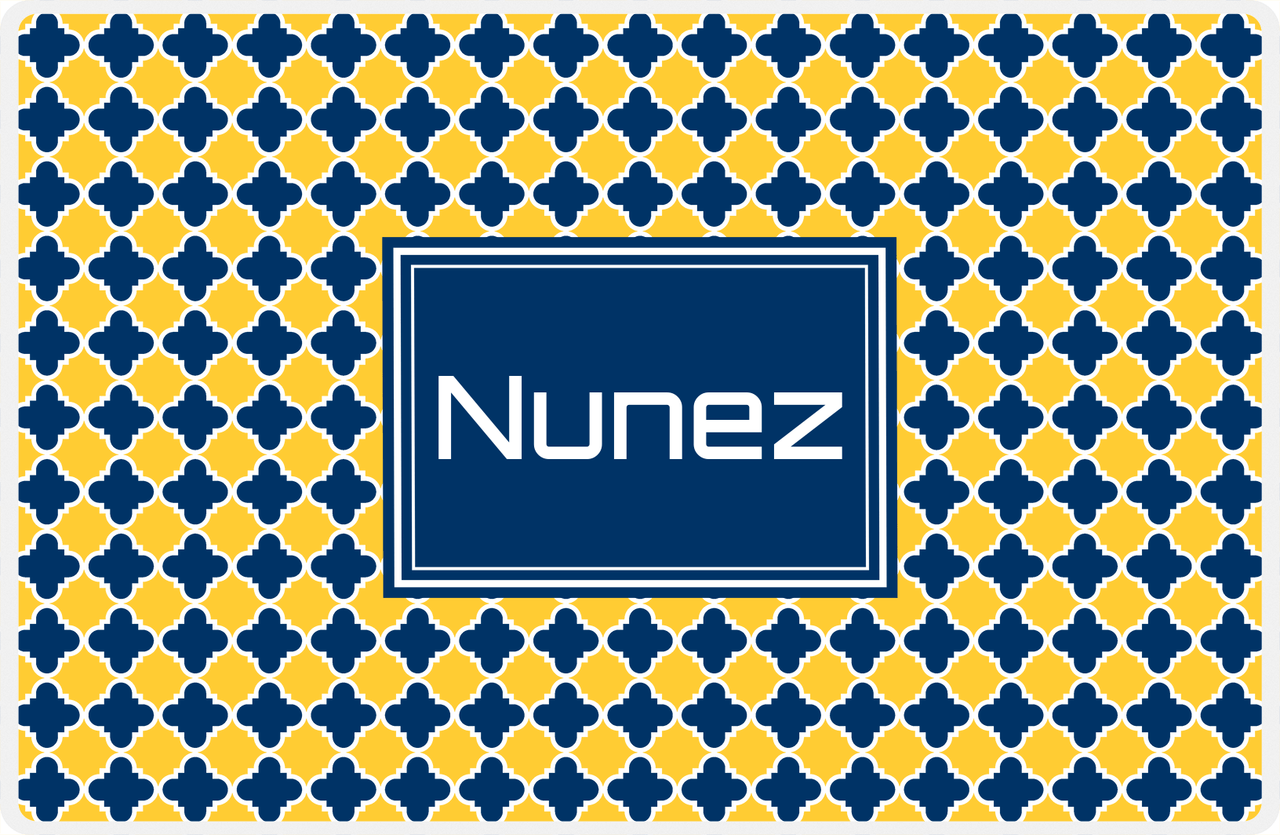 Personalized Quatrefoil Placemat - Navy and Mustard - Navy Rectangle Frame -  View