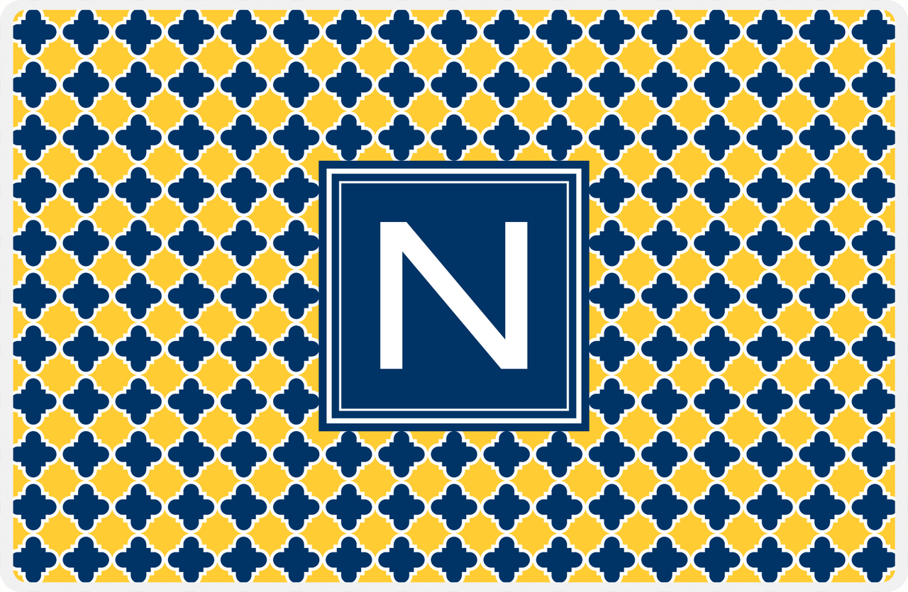 Personalized Quatrefoil Placemat - Navy and Mustard - Navy Square Frame -  View