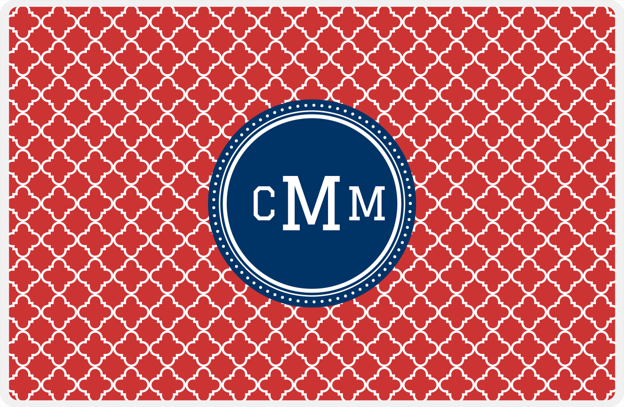 Personalized Quatrefoil Placemat - Cherry Red and White - Navy Circle Frame -  View