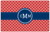 Thumbnail for Personalized Quatrefoil Placemat - Cherry Red and White - Navy Circle Frame With Ribbon -  View
