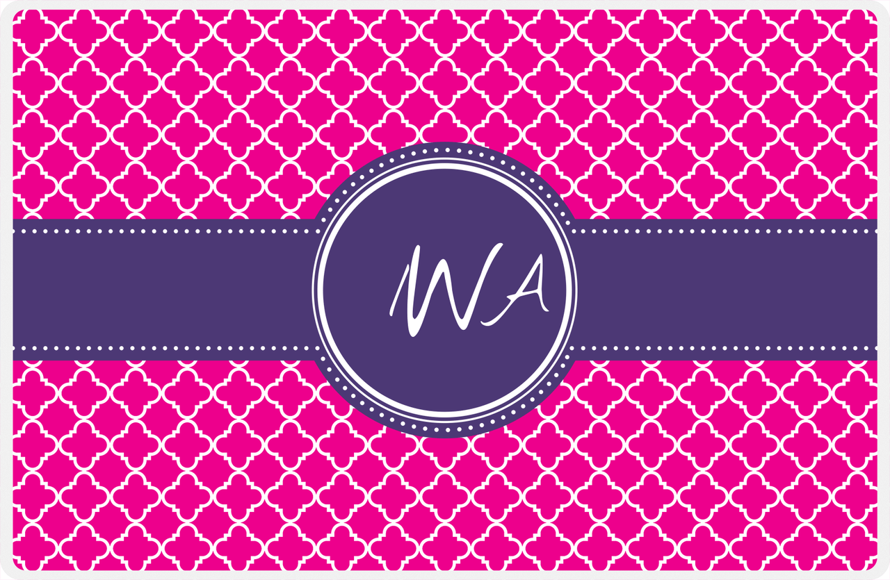 Personalized Quatrefoil Placemat - Hot Pink and White - Indigo Circle Frame With Ribbon -  View
