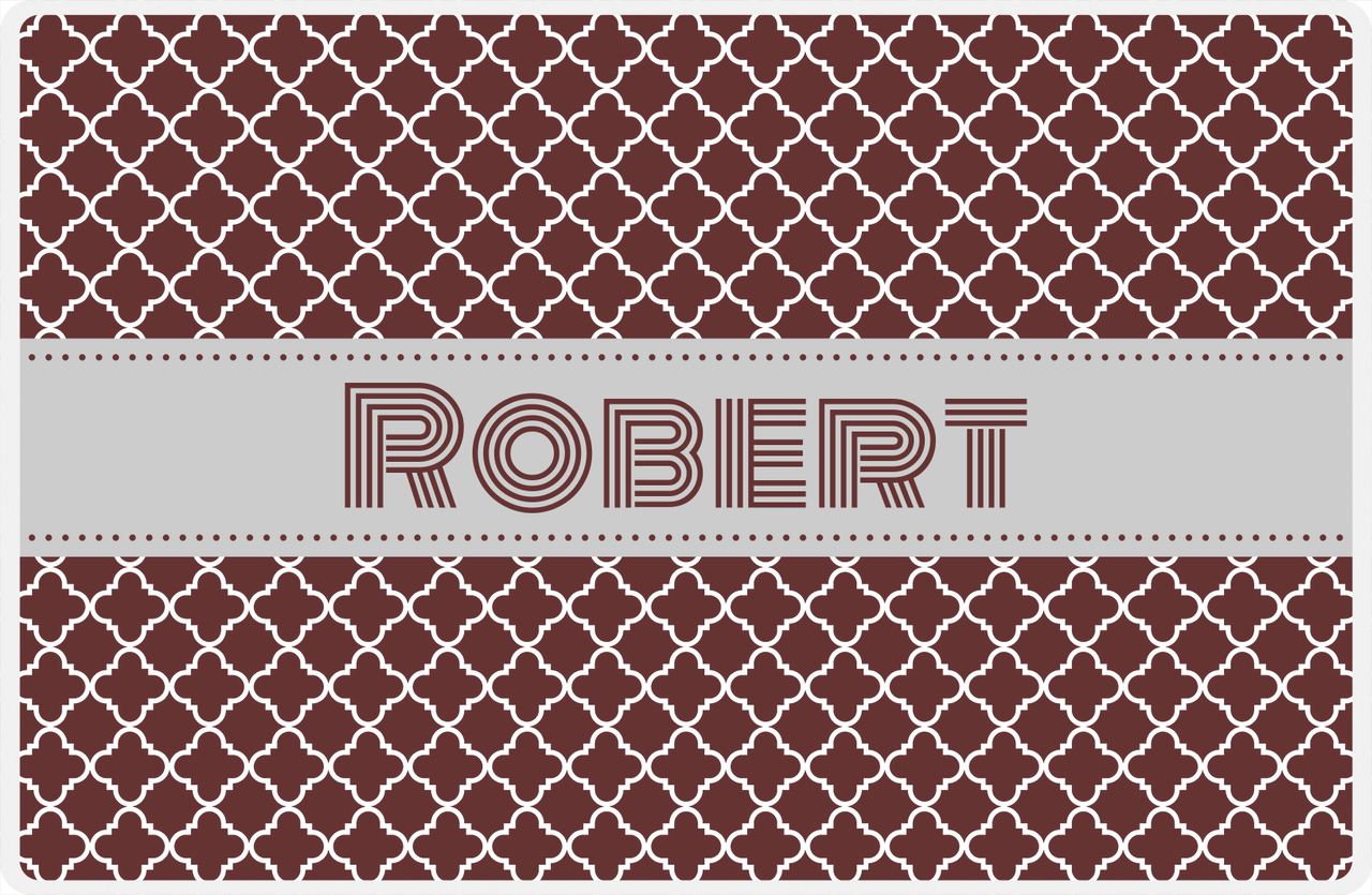Personalized Quatrefoil Placemat - Brown and White - Light Grey Ribbon Frame -  View
