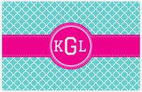 Thumbnail for Personalized Quatrefoil Placemat - Viking Blue and White - Hot Pink Circle Frame With Ribbon -  View