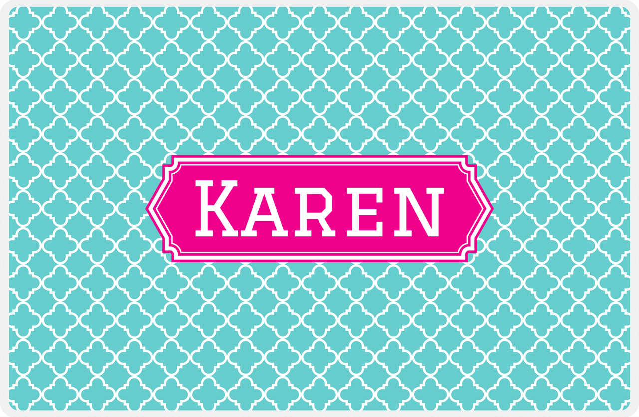 Personalized Quatrefoil Placemat - Viking Blue and White - Hot Pink Decorative Rectangle Frame -  View