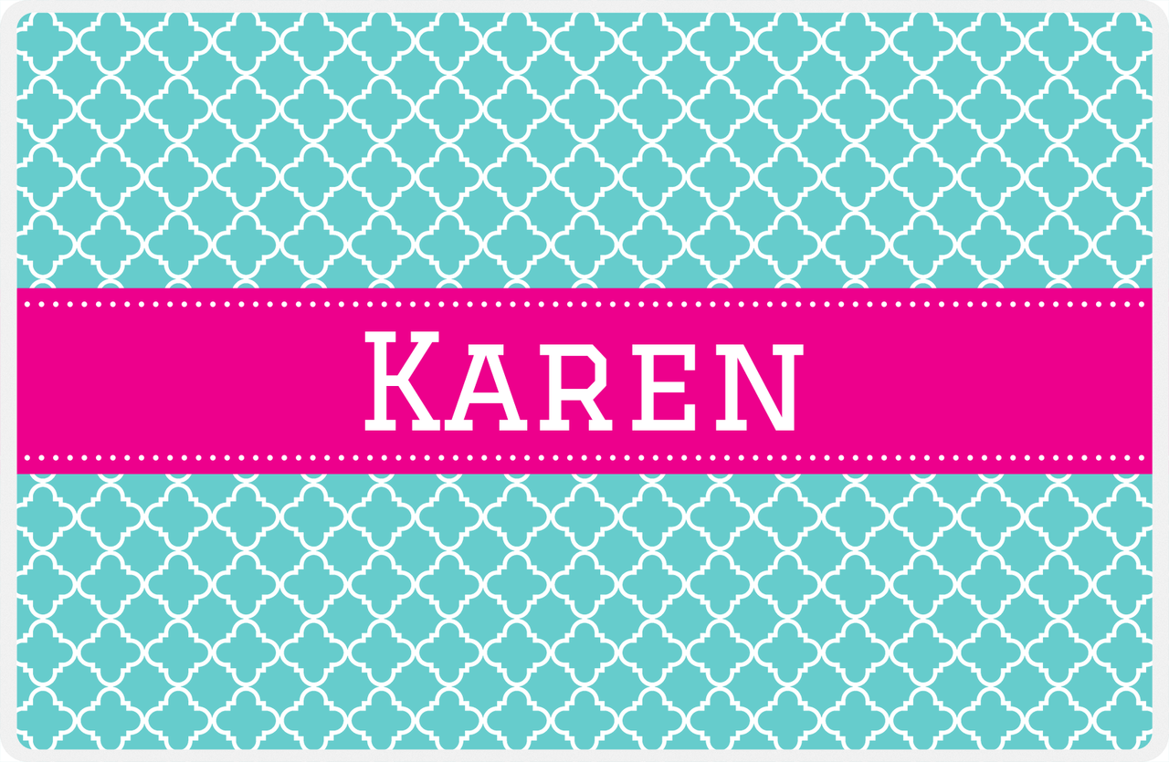 Personalized Quatrefoil Placemat - Viking Blue and White - Hot Pink Ribbon Frame -  View