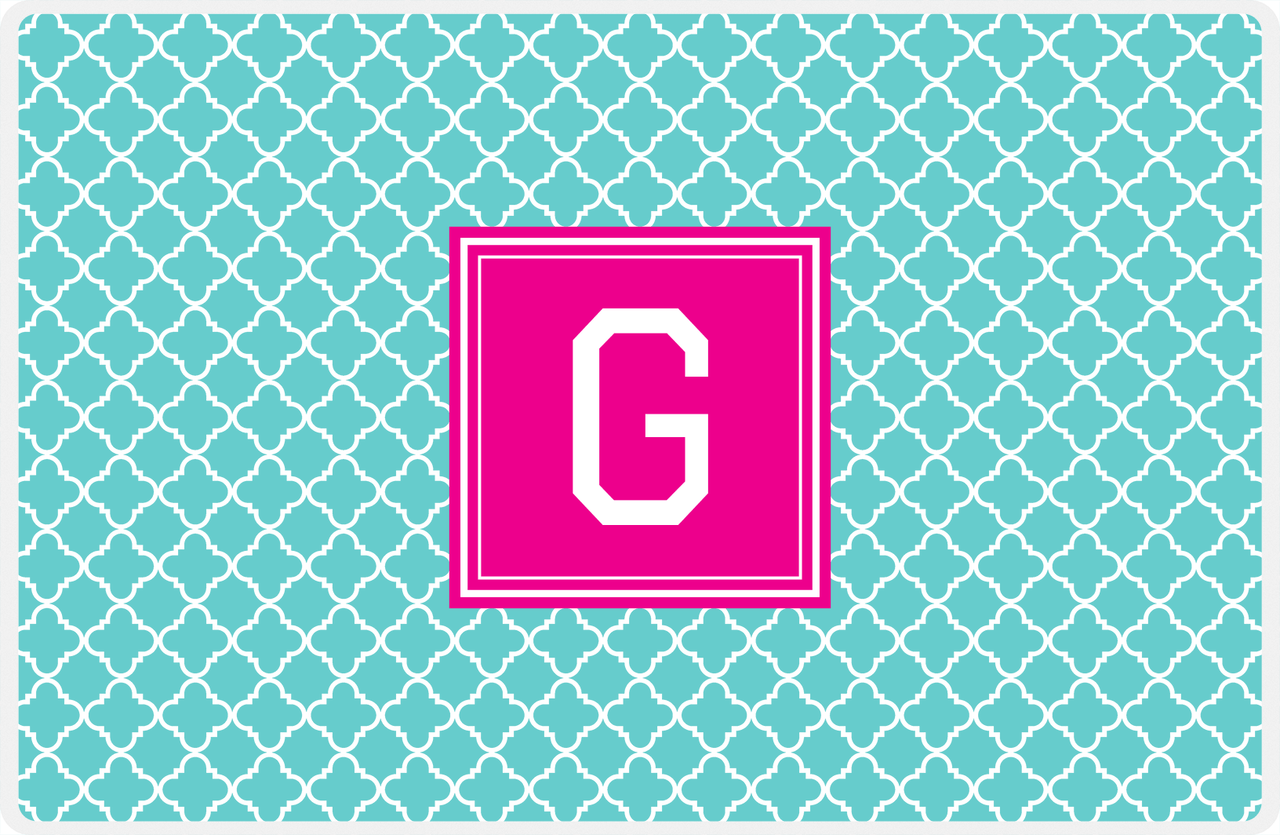 Personalized Quatrefoil Placemat - Viking Blue and White - Hot Pink Square Frame -  View