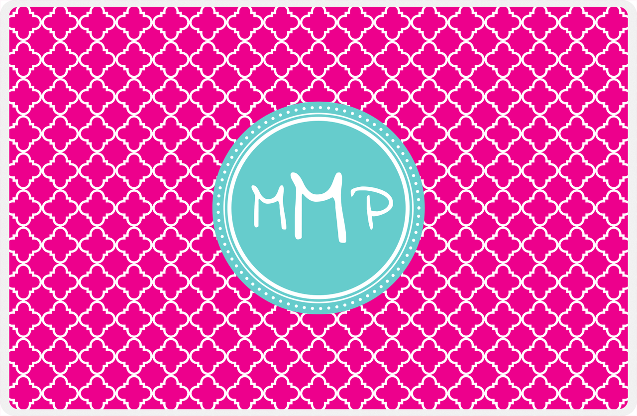 Personalized Quatrefoil Placemat - Hot Pink and White - Viking Blue Circle Frame -  View