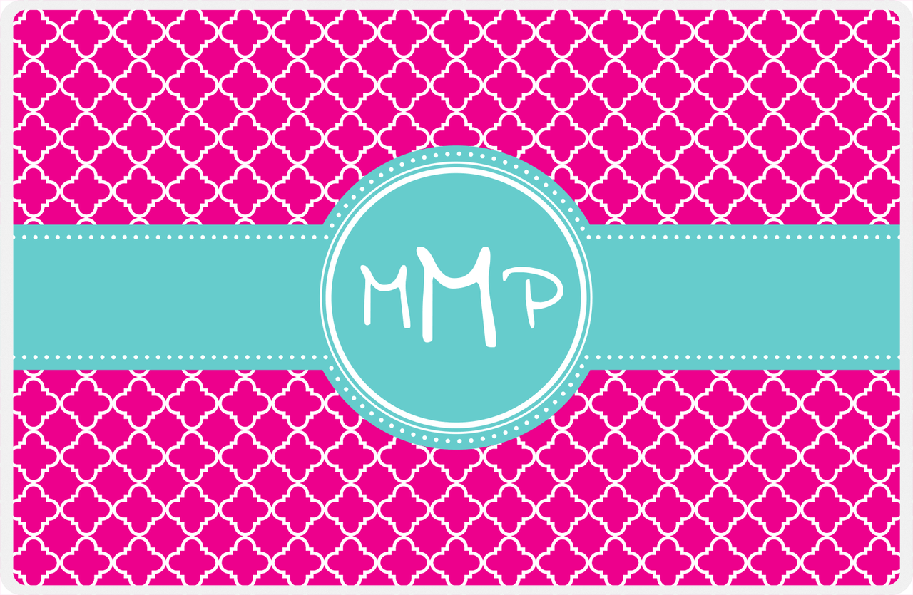 Personalized Quatrefoil Placemat - Hot Pink and White - Viking Blue Circle Frame With Ribbon -  View