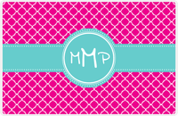 Thumbnail for Personalized Quatrefoil Placemat - Hot Pink and White - Viking Blue Circle Frame With Ribbon -  View