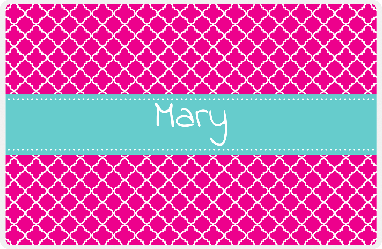 Personalized Quatrefoil Placemat - Hot Pink and White - Viking Blue Ribbon Frame -  View