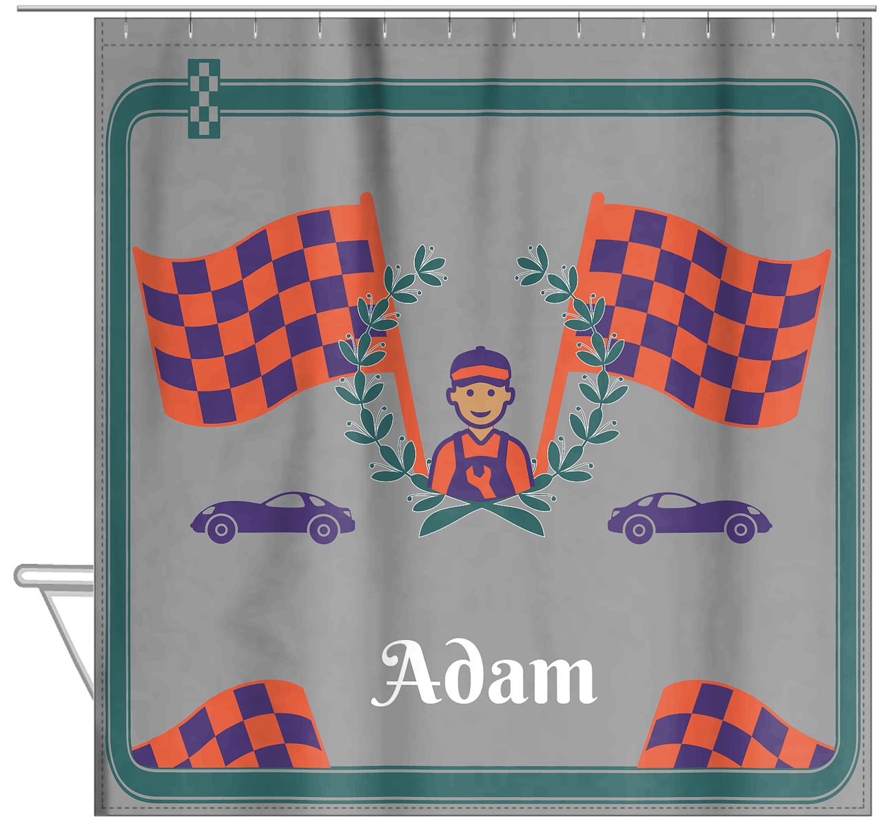 Personalized Racecar Shower Curtain I - Grey Background - Racecar I - Hanging View