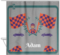 Thumbnail for Personalized Racecar Shower Curtain I - Grey Background - Racecar I - Hanging View