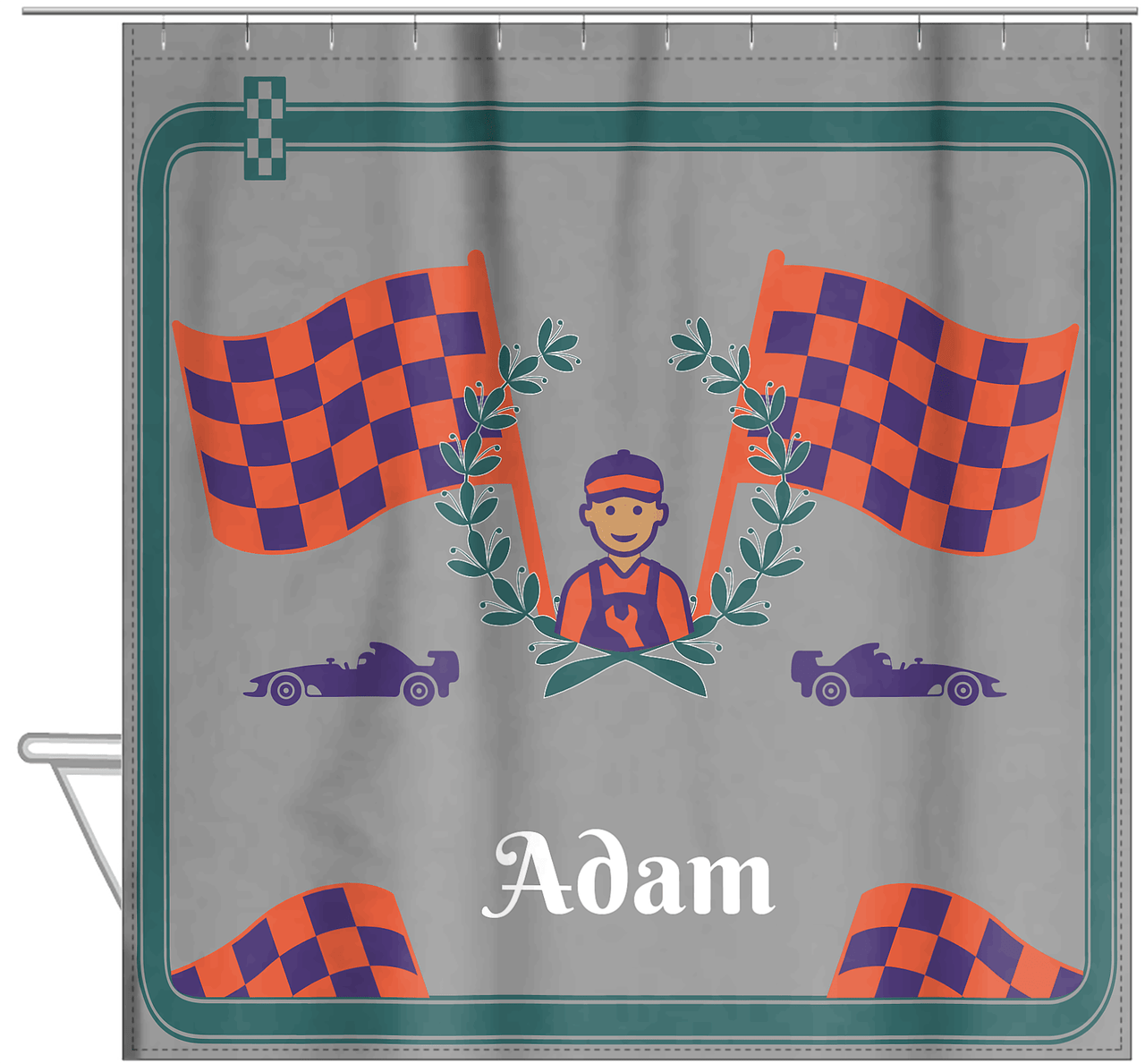 Personalized Racecar Shower Curtain I - Grey Background - Racecar III - Hanging View