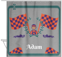 Thumbnail for Personalized Racecar Shower Curtain I - Grey Background - Racecar III - Hanging View