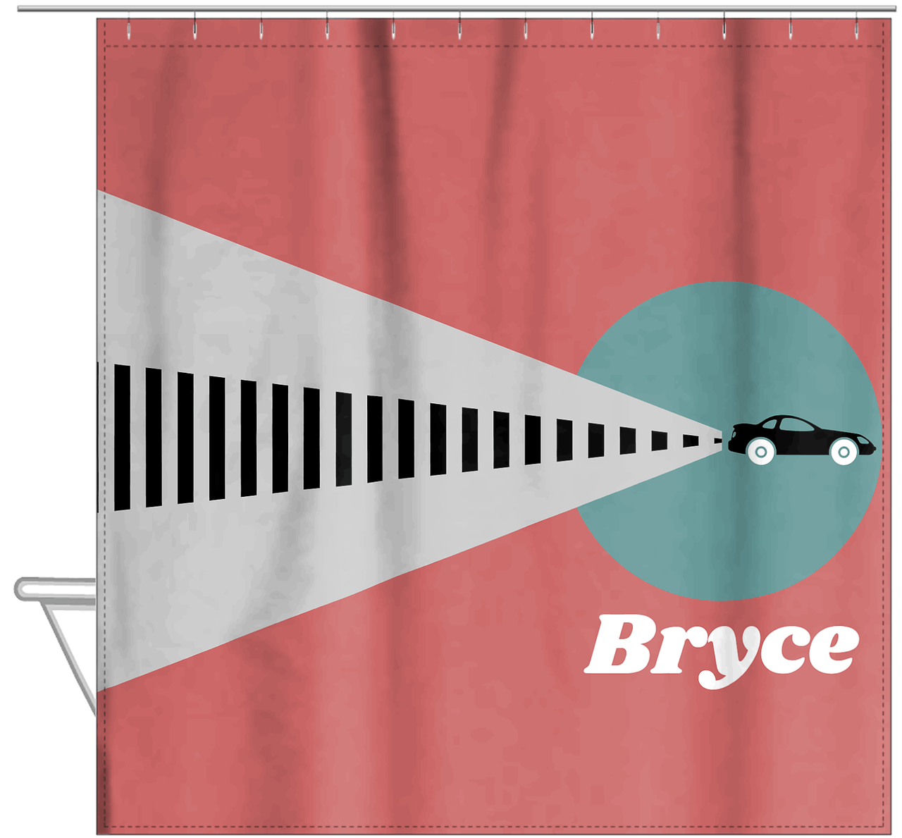 Personalized Racecar Shower Curtain II - Red Background - Racecar II - Hanging View