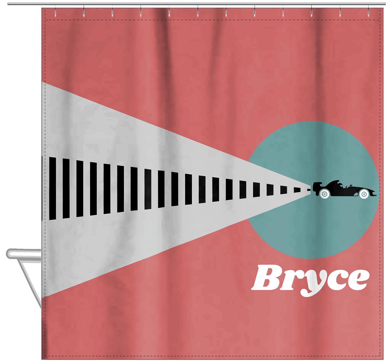 Personalized Racecar Shower Curtain II - Red Background - Racecar III - Hanging View