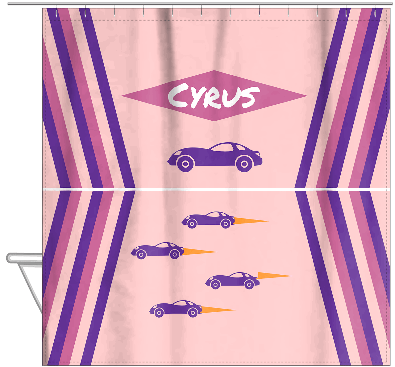 Personalized Racecar Shower Curtain III - Pink Background - Racecar I - Hanging View