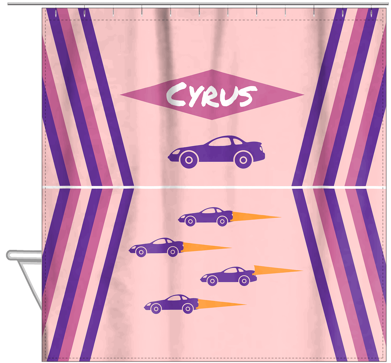 Personalized Racecar Shower Curtain III - Pink Background - Racecar II - Hanging View