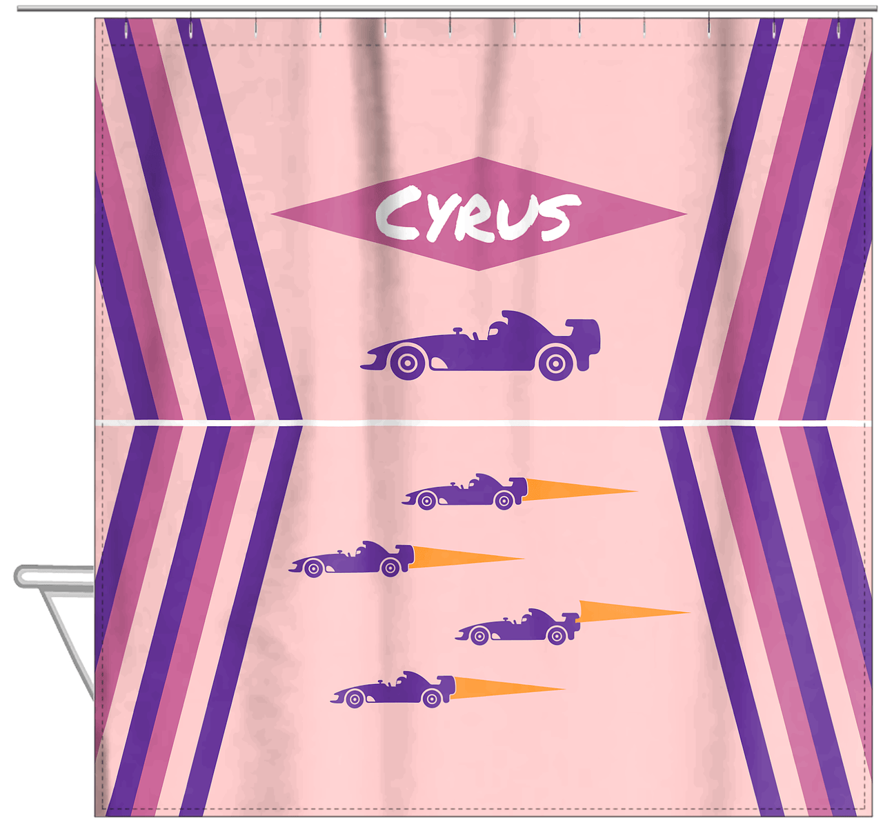 Personalized Racecar Shower Curtain III - Pink Background - Racecar III - Hanging View