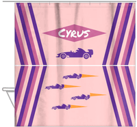 Thumbnail for Personalized Racecar Shower Curtain III - Pink Background - Racecar III - Hanging View