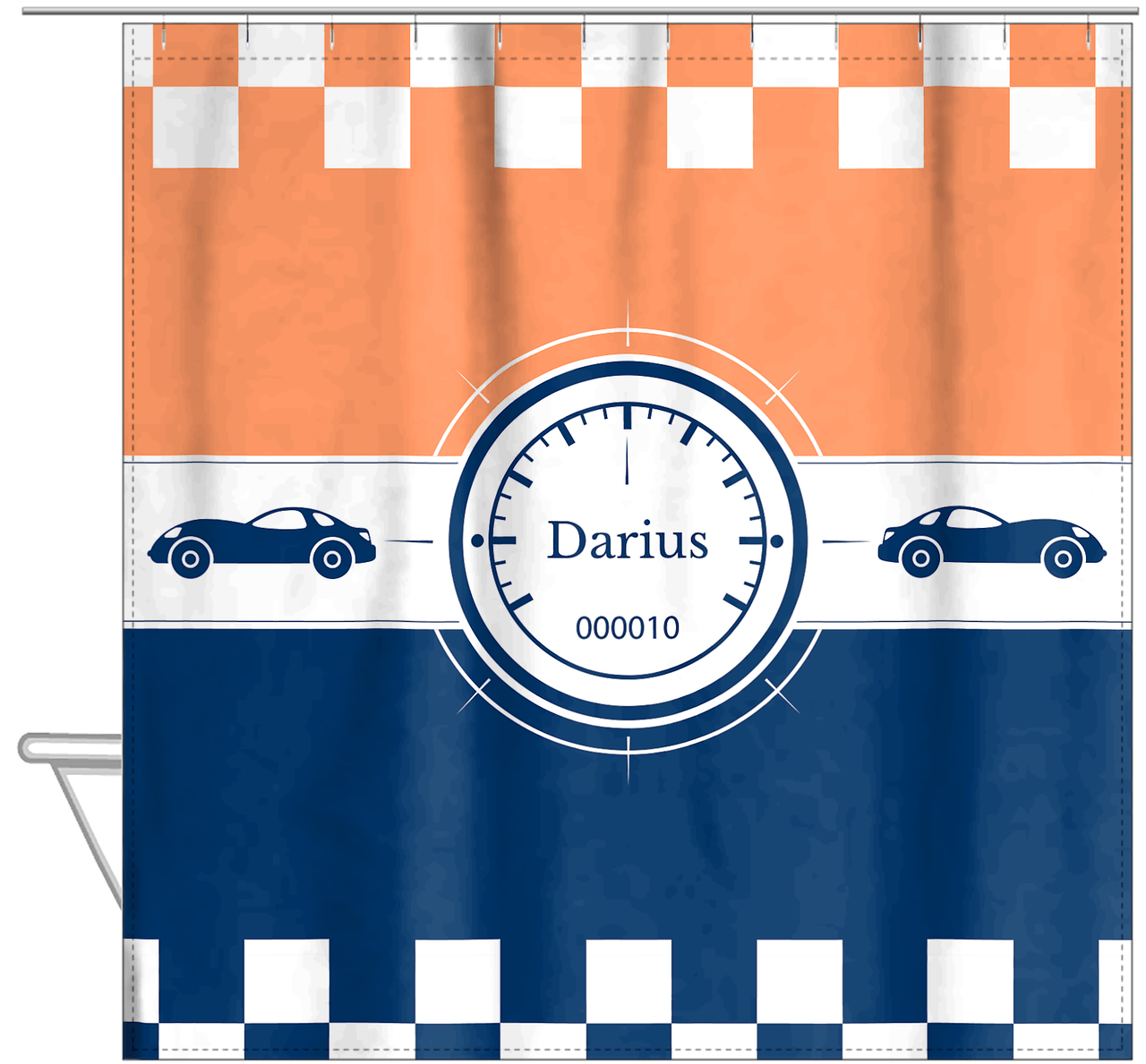 Personalized Racecar Shower Curtain IV - Orange Background - Racecar I - Hanging View
