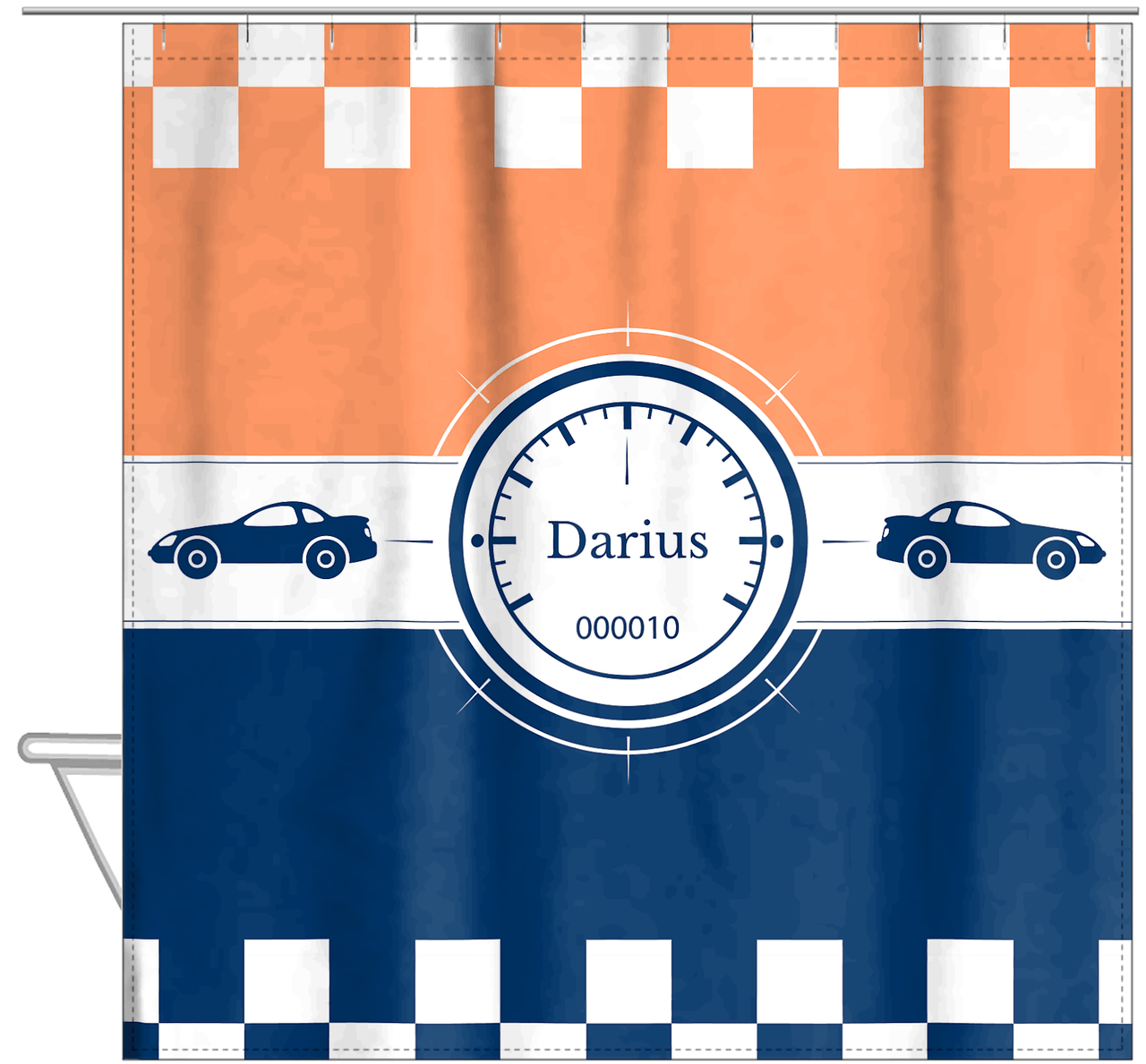 Personalized Racecar Shower Curtain IV - Orange Background - Racecar II - Hanging View