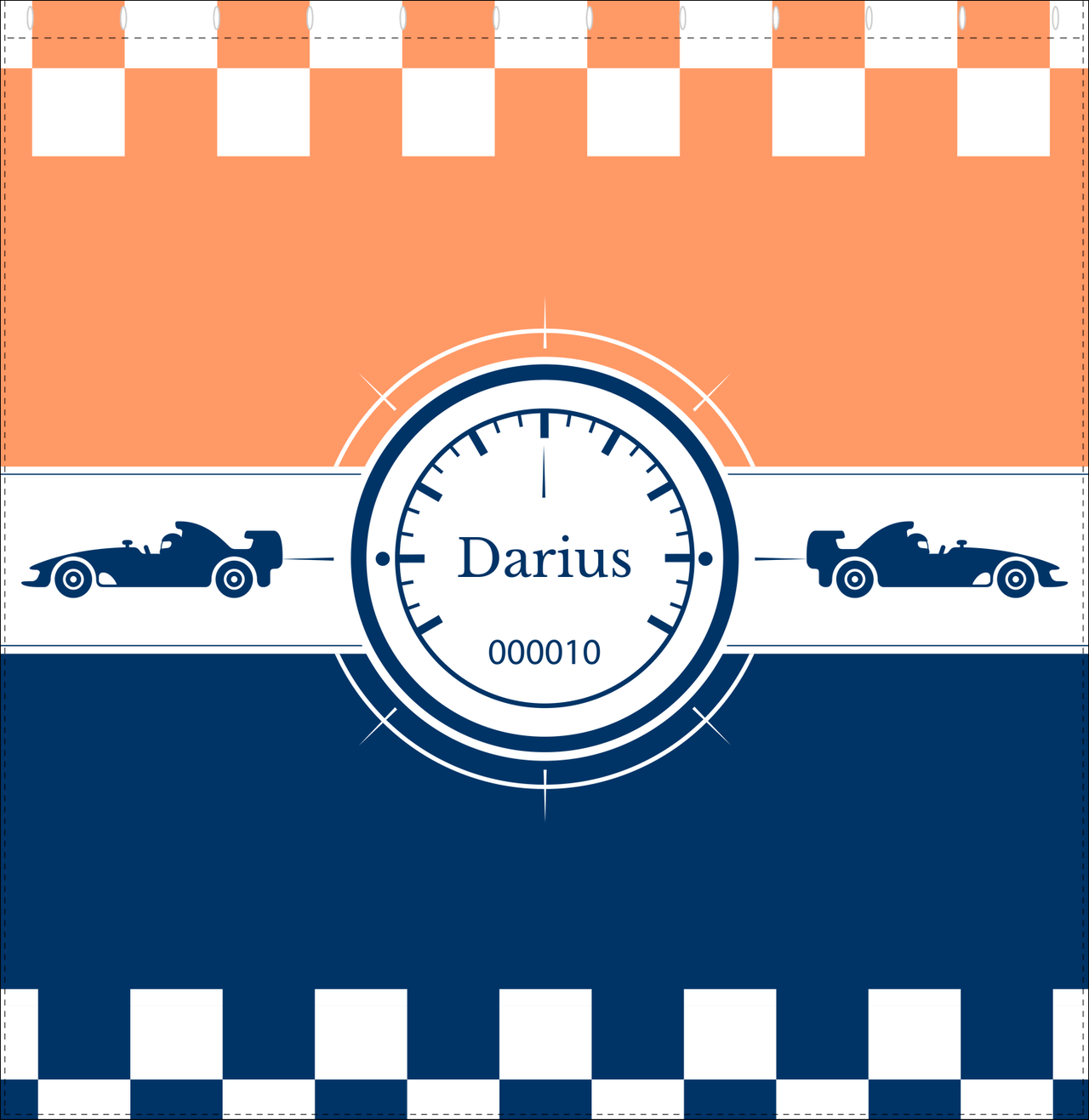 Personalized Racecar Shower Curtain IV - Orange Background - Racecar III - Decorate View