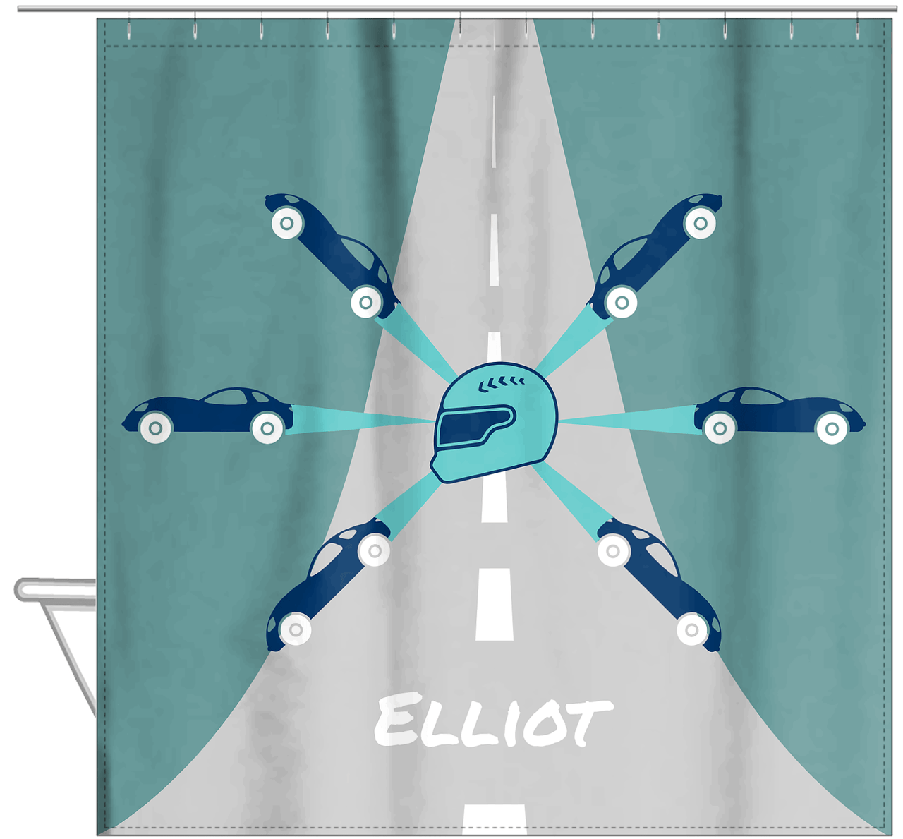 Personalized Racecar Shower Curtain V - Teal Background - Racecar I - Hanging View