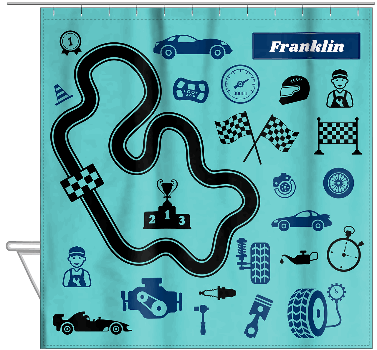 Personalized Racecar Shower Curtain VI - Teal Background - Nameplate I - Hanging View