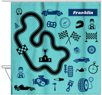 Thumbnail for Personalized Racecar Shower Curtain VI - Teal Background - Nameplate I - Hanging View