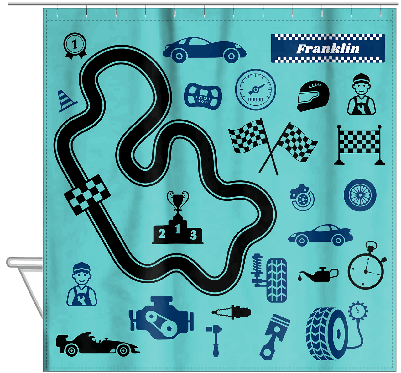 Personalized Racecar Shower Curtain VI - Teal Background - Nameplate II - Hanging View