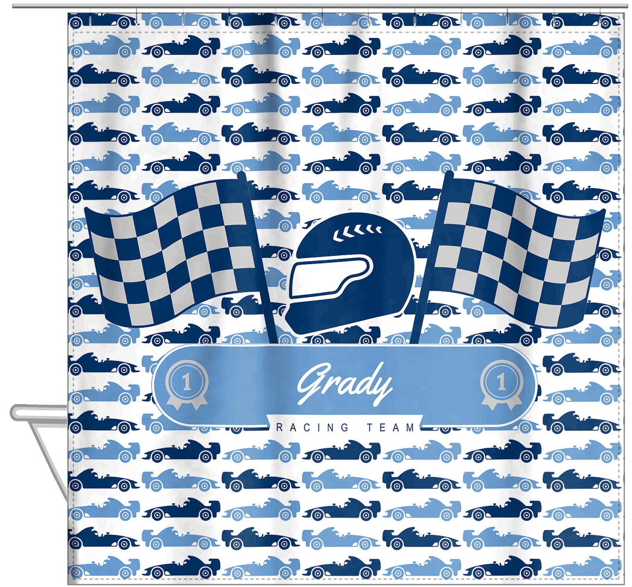 Personalized Racecar Shower Curtain VII - White Background - Nameplate II - Hanging View